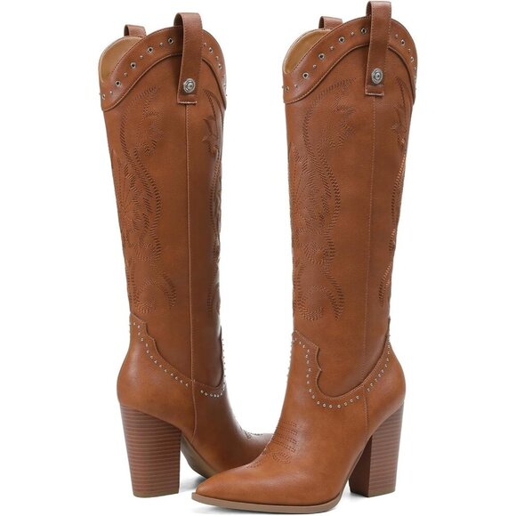 Women 2 Brown Embroidered Pointed Toe Knee High Western Chunky Heels Boots - Picture 7 of 7